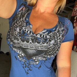 SINFUL AFFLICTION WOMENS TOP TATTOO RHINESTONES 💙